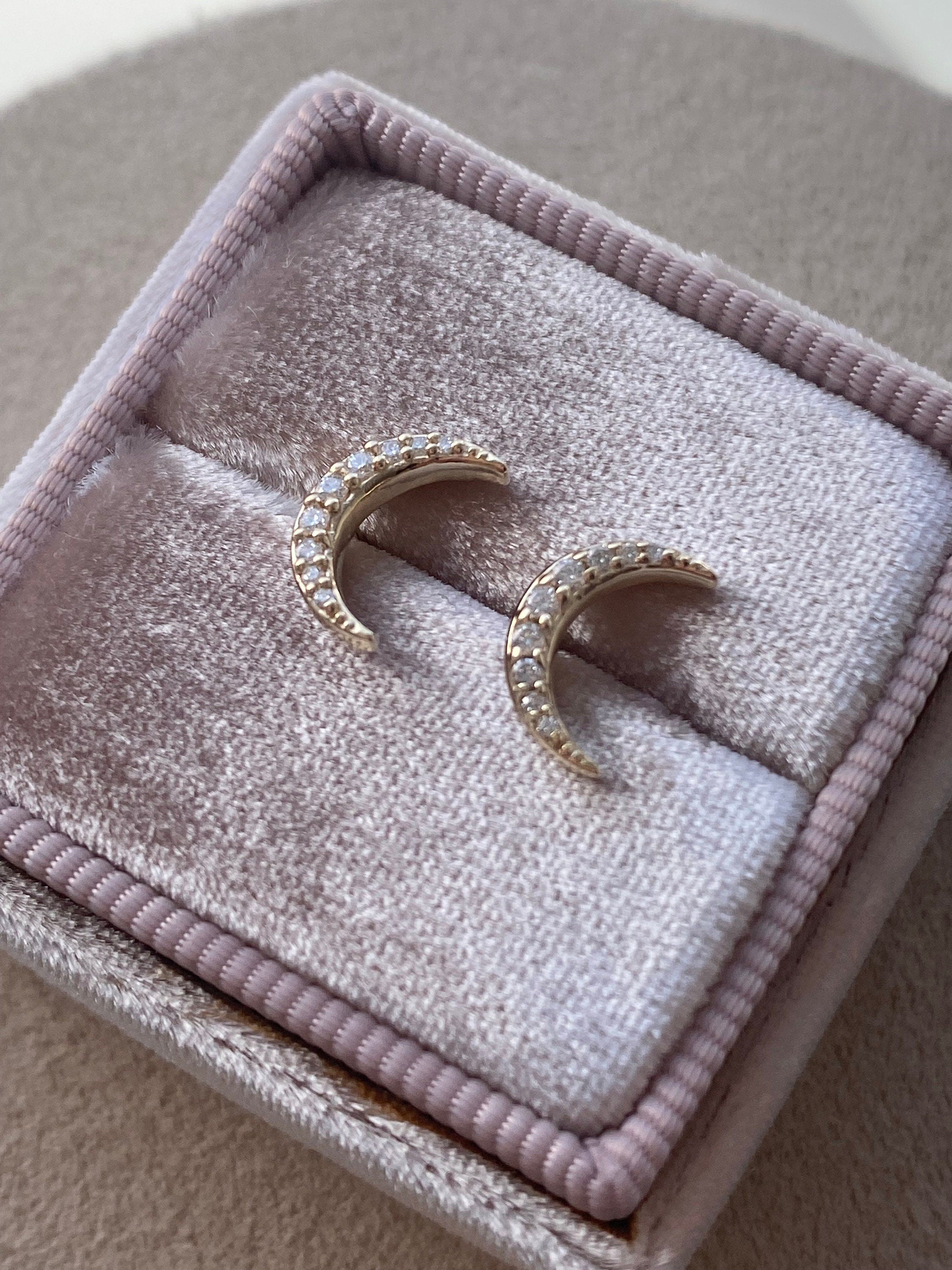 Crescent Moon Diamond Stud Earrings in Solid 14K Gold.